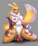  2016 anthro areola big_breasts black_sclera blue_eyes blush breasts canine_dildo chest_tuft clitoris clothing digimon dildo dildo_sitting doomthewolf elbow_gloves erect_nipples female fingerless_gloves front_view fur gloves glowing glowing_eyes grey_background kneeling knotted_dildo looking_down markings navel nipples penetration pussy renamon saliva sex_toy simple_background solo tuft yellow_fur 