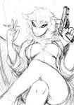  anthro black_and_white breasts caprine cigarette crossed_legs female frown gun hladilnik mammal monochrome nipples ranged_weapon sheep solo weapon 