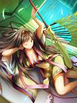  ;) arm_up bamboo breasts brown_eyes brown_hair character_request cleavage collarbone dutch_angle hairband highres indoors large_breasts long_hair lying midriff million_arthur_(series) navel noraico on_side one_eye_closed skirt smile solo tatami very_long_hair 