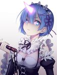  blue_eyes blue_hair breasts chain chimachi cleavage glowing_horn gradient gradient_background hair_ribbon horn looking_at_viewer maid medium_breasts re:zero_kara_hajimeru_isekai_seikatsu rem_(re:zero) revision ribbon short_hair solo spoilers upper_body 