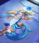  armpits bed blue_eyes cetacean disembodied_hand dragon duo female hair male mammal marine penis pussy shaorune solo_focus tales_of_rebirth video_games warabi_tea 