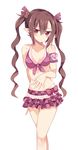  alternate_costume arm_behind_back armband bare_shoulders bikini bikini_skirt blush brown_hair checkered collarbone cowboy_shot front-tie_bikini front-tie_top hair_between_eyes hair_ornament hand_on_own_stomach highres himekaidou_hatate long_hair looking_at_viewer maturiuta_sorato pointy_ears purple_bikini red_eyes simple_background skirt solo swimsuit touhou twintails very_long_hair white_background 