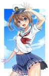  blue_eyes blush brown_hair hat high_school_fleet keita_(tundereyuina) looking_at_viewer midriff misaki_akeno open_mouth peaked_cap school_uniform serafuku short_hair short_sleeves skirt smile solo yokosuka_girls_marine_high_school_uniform 