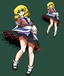  arm_warmers bad_id bad_pixiv_id black_footwear black_shirt black_skirt blonde_hair brown_shirt full_body green_background green_eyes head_tilt layered_clothing legs looking_at_viewer mary_janes mizuhashi_parsee pixel_art pointy_ears ribbon-trimmed_skirt ribbon_trim scarf shirt shoes simple_background skirt skirt_lift slit_pupils smile socks solo takorin thighs touhou white_legwear white_scarf 