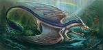  2016 blue_eyes blue_fur day detailed_background dragon eastern_dragon flashw flying_fish fur hi_res horn membranous_wings outside pawpads rainbow water waterfall white_fur wings 