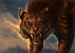  2016 amber_eyes day feline feral flashw fur hair looking_at_viewer mammal open_mouth orange_fur outside red_hair saber-toothed_cat sky solo striped_fur stripes teeth whiskers 