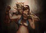  1girl breasts brown_hair glasses hair_bun hair_ornament hair_stick highres imminent_rape instant_ip junkrat_(overwatch) large_breasts mei_(overwatch) overwatch tank_top tied_hair tongue torn_clothes underboob 
