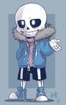  2015 animated_skeleton bone clothed clothing footwear male sans_(undertale) shadow shoes shorts signature skeleion skeleton smile solo standing sweater undead undertale video_games 