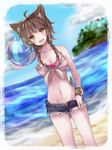  :3 :d ahoge animal_ears bad_id bad_pixiv_id ball bangle beachball bikini blush bracelet braid breasts brown_eyes brown_hair cleavage cloud collarbone day dutch_angle fang food_themed_hair_ornament frilled_bikini frills groin hair_ornament head_tilt holding jewelry large_breasts long_hair nagomi_(anzu-v_v-s2) navel open_mouth original outdoors pink_bikini shorts sky smile solo standing swimsuit tail twin_braids unbuttoned water watermelon_hair_ornament 