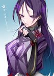  blue_background breasts edamameko210 fate/grand_order fate_(series) fingerless_gloves gloves gradient gradient_background highres long_hair looking_at_viewer medium_breasts minamoto_no_raikou_(fate/grand_order) purple_hair sketch solo translation_request white_background 