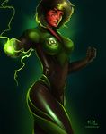 2016 arkenstellar artist_name bangs black_background bodysuit breasts cleavage clenched_hands covered_navel cowboy_shot dark dated dc_comics emblem facial_mark fighting_stance from_side glint gloves glowing green_eyes green_hair green_lantern green_lantern_corps highres jewelry large_breasts lips outstretched_arm realistic red_skin ring signature simple_background solo soranik_natu standing superhero teeth thighs twitter_username 