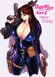  bangs belt belt_pouch blue_eyes bodysuit breasts center_opening character_name cleavage closed_mouth copyright_name cowboy_shot cropped_legs curvy danger_girl earrings expressionless gun handgun high_collar hips holding holding_gun holding_weapon holster huge_breasts jewelry leather legs_apart lipstick long_hair looking_to_the_side makeup over_shoulder parted_bangs pouch red_hair rifle shiny shiny_clothes simple_background sketch solo standing sydney_savage thigh_holster thigh_strap trigger_discipline ukatsu_juuzou unzipped very_long_hair weapon weapon_over_shoulder whip white_background zipper 
