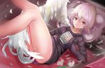  2016 :o alternate_costume angel_wings ass bare_legs book commentary_request dated feathered_wings feathers holding holding_book houdukixx kishin_sagume legs legs_up long_sleeves looking_at_viewer lying messy naked_sweater on_back red_eyes ribbed_sweater short_hair signature silver_hair single_wing solo sweater touhou white_wings wings 