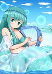  aqua_eyes aqua_hair bikini_top breasts bubble commentary_request fish_girl gills harp head_fins instrument looking_at_viewer mermaid monster_girl original rethnick scales smile solo water 