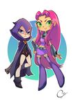  2girls alien belt cloak dc_comics flying green_eyes green_sclera hand_on_hip hood leotard midriff multiple_girls pixie_boots purple_shoes purple_skirt raven_(dc) red_hair skirt smile starfire teen_titans thigh_boots vambraces 