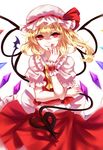  absurdres bad_id bad_pixiv_id blonde_hair collared_shirt fingers_to_mouth flandre_scarlet frilled_shirt frilled_skirt frilled_sleeves frills grin hat hat_ribbon head_tilt highres laevatein looking_at_viewer mob_cap nail_polish red_eyes red_nails red_skirt red_vest ribbon sheya shirt short_hair side_ponytail simple_background skirt skirt_set smile smirk solo touhou vest white_background white_shirt wings 