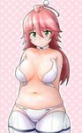  ahoge arms_behind_back blush breasts breasts_apart closed_mouth collar collarbone cowboy_shot green_eyes hair_between_eyes head_tilt highres huge_breasts kemeko_deluxe looking_at_viewer mm_(kemeko_deluxe) navel panties pink_background pink_hair plump polka_dot polka_dot_background shigekikkusu solo underwear white_panties 