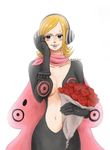  1girl bandanna black_dress black_gloves blonde_hair bouquet cape cleavage dress gloves hair_over_one_eye headphones navel one_piece red_rose roses simple_background solo vinsmoke_reiju white_background 