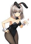  animal_ears ashiwara_yuu blue_eyes bow bowtie breasts bunny_ears bunny_tail bunnysuit cleavage detached_collar fishnet_pantyhose fishnets girls_und_panzer highres itsumi_erika large_breasts leaning_forward pantyhose short_hair silver_hair solo tail wrist_cuffs 
