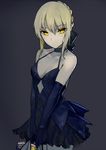  artoria_pendragon_(all) bag bangs bare_legs bare_shoulders black_dress blonde_hair bow braid breasts cleavage_cutout commentary_request dress elbow_gloves eyebrows eyebrows_visible_through_hair fate/stay_night fate_(series) gloves grey_background hair_between_eyes hair_bow hair_up holding holding_bag looking_at_viewer saber_alter shiny shiny_skin shopping_bag sidelocks sleeveless sleeveless_dress small_breasts v_arms walzrj yellow_eyes 