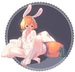  1girl bangs barefoot bunny_ears carrot_(one_piece) carrot_pillow heart_print one_piece pillow sitting solo transparent_shirt 
