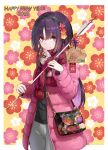  1girl 2019 arrow bag bangs black_hairband black_shirt boar chinese_zodiac closed_mouth cowboy_shot ema eyebrows_visible_through_hair floral_background floral_print fringe_trim grey_pants hair_ornament hairband hamaya happy_new_year holding jacket long_hair long_sleeves looking_at_viewer new_year open_clothes open_jacket original pants pink_jacket purple_eyes purple_hair ramuya_(lamb) red_scarf scarf shirt shoulder_bag sidelocks smile solo standing year_of_the_pig 