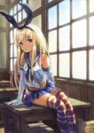  :o arm_support bangs bare_shoulders blonde_hair blue_skirt boots chair classroom crop_top desk double-breasted elbow_gloves gloves grey_eyes groin hair_ribbon halter_top halterneck highleg highleg_panties indoors kantai_collection leaning_to_the_side legs_together light_smile long_hair looking_at_viewer microskirt midriff miniskirt miyai_haruki neckerchief on_desk panties purple_eyes revision ribbon school_desk school_uniform serafuku shimakaze_(kantai_collection) sitting sitting_on_desk skirt sleeveless solo striped striped_legwear sunlight thighhighs underwear white_gloves window window_shade 