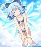  ^_^ bikini blue_bikini blue_eyes blue_hair blue_sky blush cirno closed_eyes cloud do_(4-rt) dutch_angle facing_viewer feet_out_of_frame grin hair_ribbon highres ice ice_wings knees_together_feet_apart leaning_forward midriff navel open_mouth ribbon short_hair sky smile smirk solo stomach swimsuit thigh_gap touhou wading water wet wings 