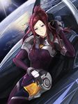  blue_eyes bodysuit cockpit earth gloves headwear_removed helmet helmet_removed highres kisaragi_chiyuki lens_flare looking_at_viewer macross macross_delta mecha mirage_farina_jenius pilot pilot_suit pointy_ears purple_bodysuit purple_hair science_fiction spacesuit variable_fighter vf-31 vf-31c 