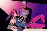  black_nails collarbone dark_skin dark_skinned_male dio_brando enrico_pucci gradient_hair jewelry jojo_no_kimyou_na_bouken lavender_hair lips long_hair male_focus marion-ville multicolored_hair multiple_boys nail_polish pink_hair pose sitting smile 