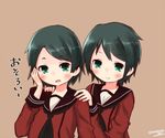  alternate_hair_length alternate_hairstyle black_hair commentary_request green_eyes kantai_collection looking_at_viewer matching_hairstyle mikuma_(kantai_collection) mogami_(kantai_collection) momiji_(103) multiple_girls neckerchief school_uniform serafuku short_hair translated twitter_username 