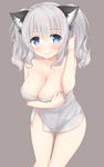  absurdres alternate_costume animal_ears bad_id bad_twitter_id bare_shoulders blue_eyes breasts cleavage go-1 grey_background highres kantai_collection kashima_(kantai_collection) kemonomimi_mode large_breasts long_hair looking_at_viewer solo 