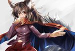  2016 :o animal_ears blush brown_hair cape commentary_request cosplay dated houdukixx imaizumi_kagerou long_hair long_sleeves looking_away navel open_mouth purple_shirt red_cape red_eyes red_skirt sekibanki sekibanki_(cosplay) shirt signature skirt solo tail touhou upper_body v-shaped_eyebrows wolf_ears wolf_tail 