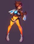  1girl artist_request bodysuit brown_hair crotch_cutout earrings gloves goggles jacket overwatch parted_lips pubic_hair pussy short_hair simple_background solo spiked_hair torn_clothes tracer_(overwatch) 