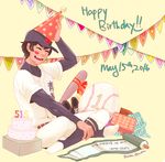  2016 ace_of_diamond baseball_bat baseball_cap baseball_uniform birthday_cake bow box brown_hair cake closed_eyes dated english food frances full_body gift gift_box happy_birthday hat indian_style lipstick_mark male_focus no_shoes open_mouth pants party_hat pennant pillow sawamura_eijun scroll shirt shoes shoes_removed signature sitting smile socks solo sportswear stirrup_legwear string_of_flags toeless_legwear twitter_username undershirt uniform white_pants white_shirt wrapping_paper yellow_background 