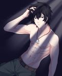  abs black_hair blue_eyes cargo_pants character_name dated dog_tags groin hand_in_hair happy_birthday kougami_shin'ya light male_focus melonbunny muscle pants psycho-pass shirtless solo 