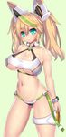  absurdres aqua_eyes asamura_hiori ass_visible_through_thighs bare_shoulders bikini blonde_hair bracelet breasts cleavage cleavage_cutout closed_mouth collarbone contrapposto covered_nipples eyebrows_visible_through_hair eyelashes gene_(pso2) green_background green_hair hair_between_eyes headgear highres huge_breasts jewelry large_breasts looking_at_viewer multicolored_hair navel phantasy_star phantasy_star_online_2 revision shiny shiny_skin simple_background smile solo standing stomach streaked_hair swimsuit thigh_strap twintails white_bikini_top 
