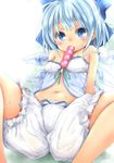  babydoll bloomers blue_bow blue_eyes blue_hair blue_ribbon blush bow breasts chikado cirno commentary duplicate eyelashes green_ribbon hair_bow ice ice_wings looking_at_viewer melting mouth_hold navel ribbon short_hair simple_background small_breasts solo spread_legs strap_gap strap_slip sweat touhou tupet underwear wings 