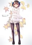  2016 black_legwear brown_hair dated full_body garnet hair_ornament hand_in_pocket highres jacket leaf looking_at_viewer maple_leaf original pantyhose red_eyes short_hair skirt smile solo translated two_side_up winter_clothes 