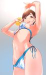  armpits bikini blurry blush breasts brown_eyes brown_hair depth_of_field from_below highres idolmaster idolmaster_cinderella_girls long_hair medium_breasts navel nitta_minami open_mouth q_(ed69) smile solo sponge swimsuit 