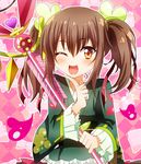  ;d argyle argyle_background brown_eyes brown_hair finger_to_mouth flower_knight_girl frills heart highres japanese_clothes kimono long_hair looking_at_viewer masako_(sabotage-mode) nishikigi_(flower_knight_girl) one_eye_closed open_mouth pink_background sidelocks smile solo staff twintails 