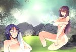  blue_hair breasts cleavage closed_eyes depo_(typebaby505) fate/grand_order fate_(series) huge_breasts large_breasts long_hair looking_at_viewer minamoto_no_raikou_(fate/grand_order) multiple_girls one_eye_closed onsen purple_hair red_eyes scathach_(fate)_(all) scathach_(fate/grand_order) smile towel white_towel 