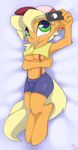  5_fingers anthro big_eyes blonde_hair blush breasts chest_tuft clothed clothing ear_piercing equine female fingers green_eyes hair hat hooves horse lying mammal midriff mistydash my_little_pony navel phone piercing pink_tongue pokemon_ball pony solo tongue tuft wide_hips 