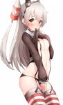  amatsukaze_(kantai_collection) black_hat black_panties boruhis breasts brown_eyes brown_shirt closed_mouth cowboy_shot fingering frown garter_straps hair_tubes hairband hat highres kantai_collection long_hair long_sleeves looking_at_viewer masturbation masturbation_through_clothing mini_hat mouth_hold panties pussy_juice shirt silver_hair simple_background small_breasts solo standing striped striped_legwear tareme two_side_up underwear very_long_hair white_background white_panties 