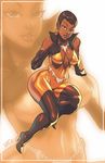  belt black_hair brown_eyes cleavage dark_skin dc_comics earrings gloves mari_jiwe_mccabe necklace pixie_cut short_hair sleeveless vixen_(dc) zoom_layer 