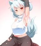 :&lt; animal_ears arm_up armpits blush breasts closed_mouth covered_nipples crop_top cum cum_on_body cum_on_upper_body elbow_gloves frown gloves highres inubashiri_momiji large_breasts midriff navel red_eyes shirt sideboob skindentation sleeveless solo steam tail taut_clothes taut_shirt tenyunkel touhou wavy_mouth white_hair wolf_ears wolf_tail 