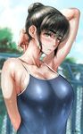  arm_behind_back arm_behind_head black_hair blue_eyes blush breasts cleavage collarbone day eyebrows_visible_through_hair hair_bun large_breasts looking_at_viewer one-piece_swimsuit original outdoors sgk solo swimsuit wet 