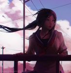  artist_name blue_sky cable chromatic_aberration closed_mouth cloud expressionless floating_hair guweiz ilya_kuvshinov_(style) lips long_hair looking_afar looking_to_the_side neckerchief nose original outdoors power_lines purple purple_eyes purple_hair school_uniform serafuku sky solo standing telephone_pole text_focus watermark web_address 