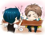  1girl ahoge blue_hair brown_eyes brown_hair cellphone chibi gekkan_shoujo_nozaki-kun hori_masayuki jacket_on_shoulders kameron kashima_yuu phone reverse_trap rubbing_eyes short_hair signature smartphone sweater_vest table taking_picture translated waking_up 