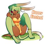  ! 2016 animal_humanoid anklet blue_eyes breasts claws cleavage clothed clothing dark_skin english_text female flower fur green_fur green_hair hair hindpaw humanoid jewelry lagomorph looking_at_viewer mammal necklace one_eye_closed paws plant rabbit_humanoid redrabbu short_hair simple_background sitting smile solo text tight_clothing white_background 